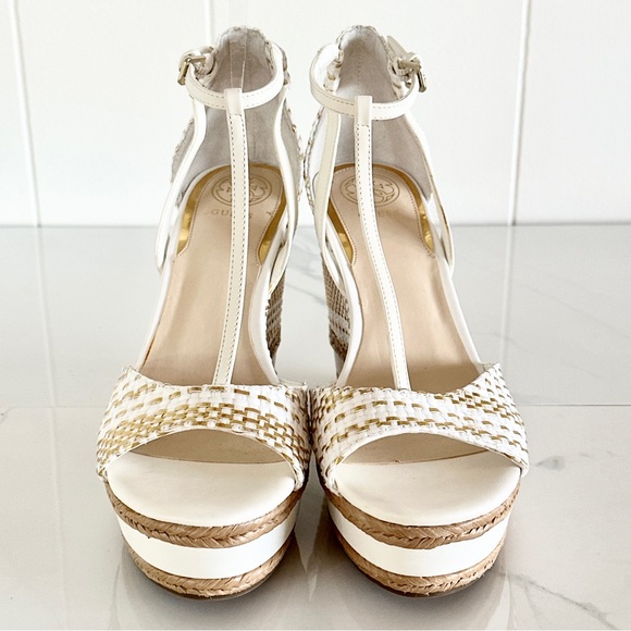 Guess Gace Platform Wedge Sandal 10 Metallic Gold and White Woven T-Straps - Picture 3 of 13